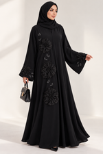 Bild in den Galerie-Viewer laden, Noir Fleur – Luxury Black Abaya with 3D Floral Appliqué & Beaded Embroidery