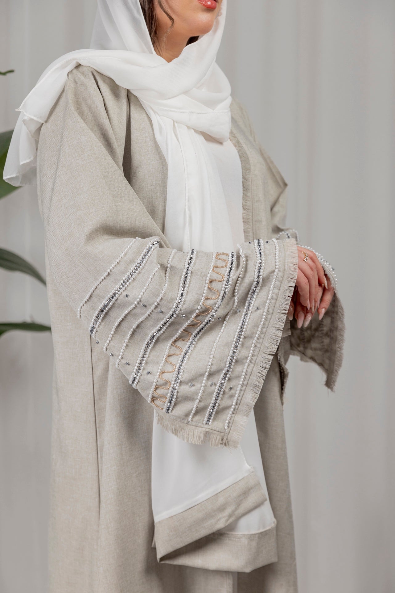 Pearl Linen Abaya - Beige