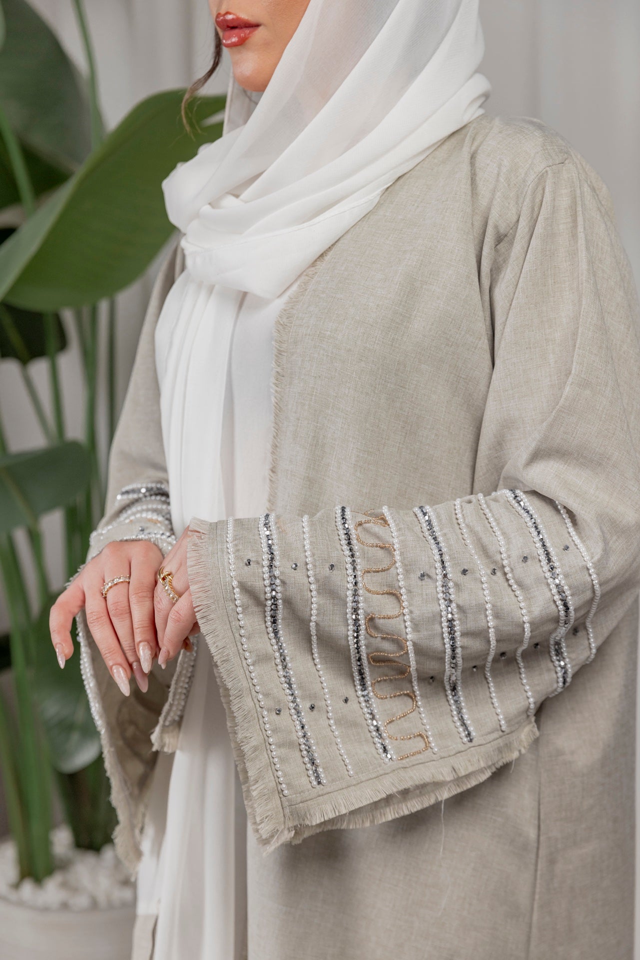 Pearl Linen Abaya - Beige