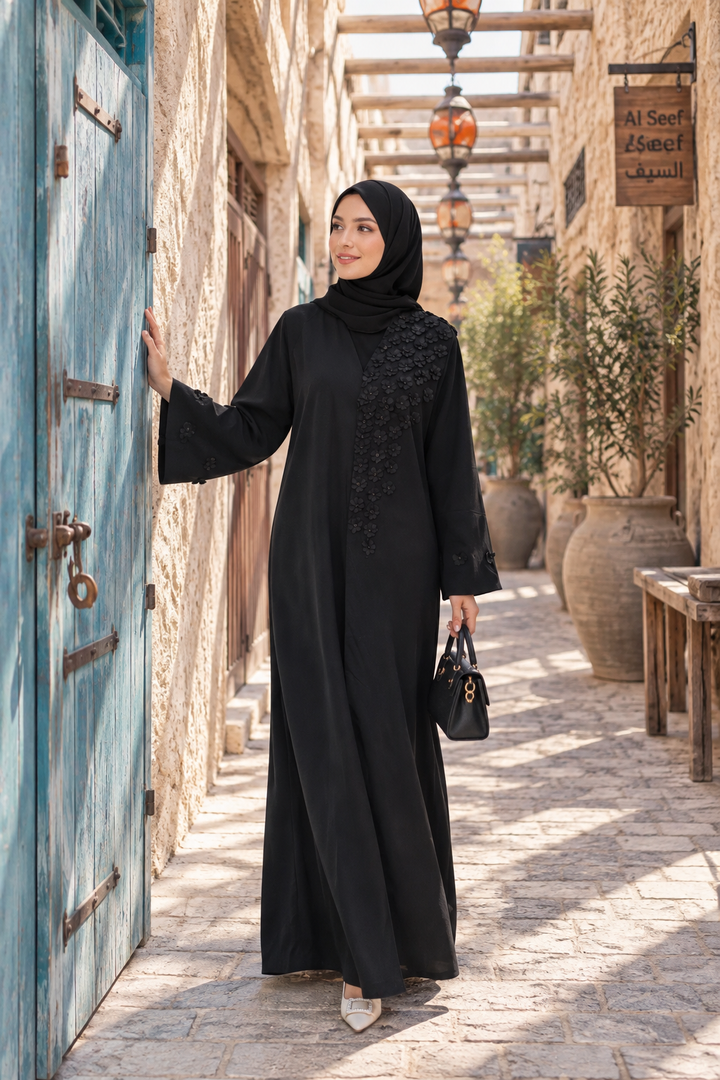 Floralina Floral Button Abaya – Flower Embellished Modest Abaya