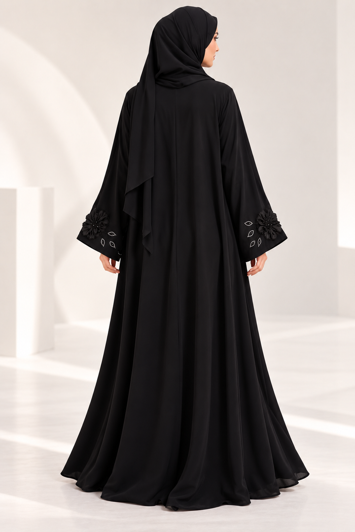 Noir Fleur – Luxury Black Abaya with 3D Floral Appliqué & Beaded Embroidery