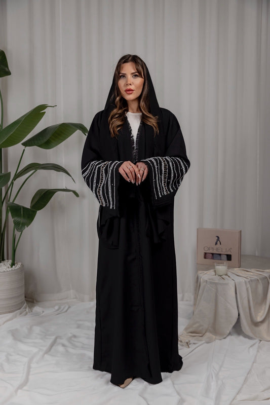 Pearl Linen Abaya - Black