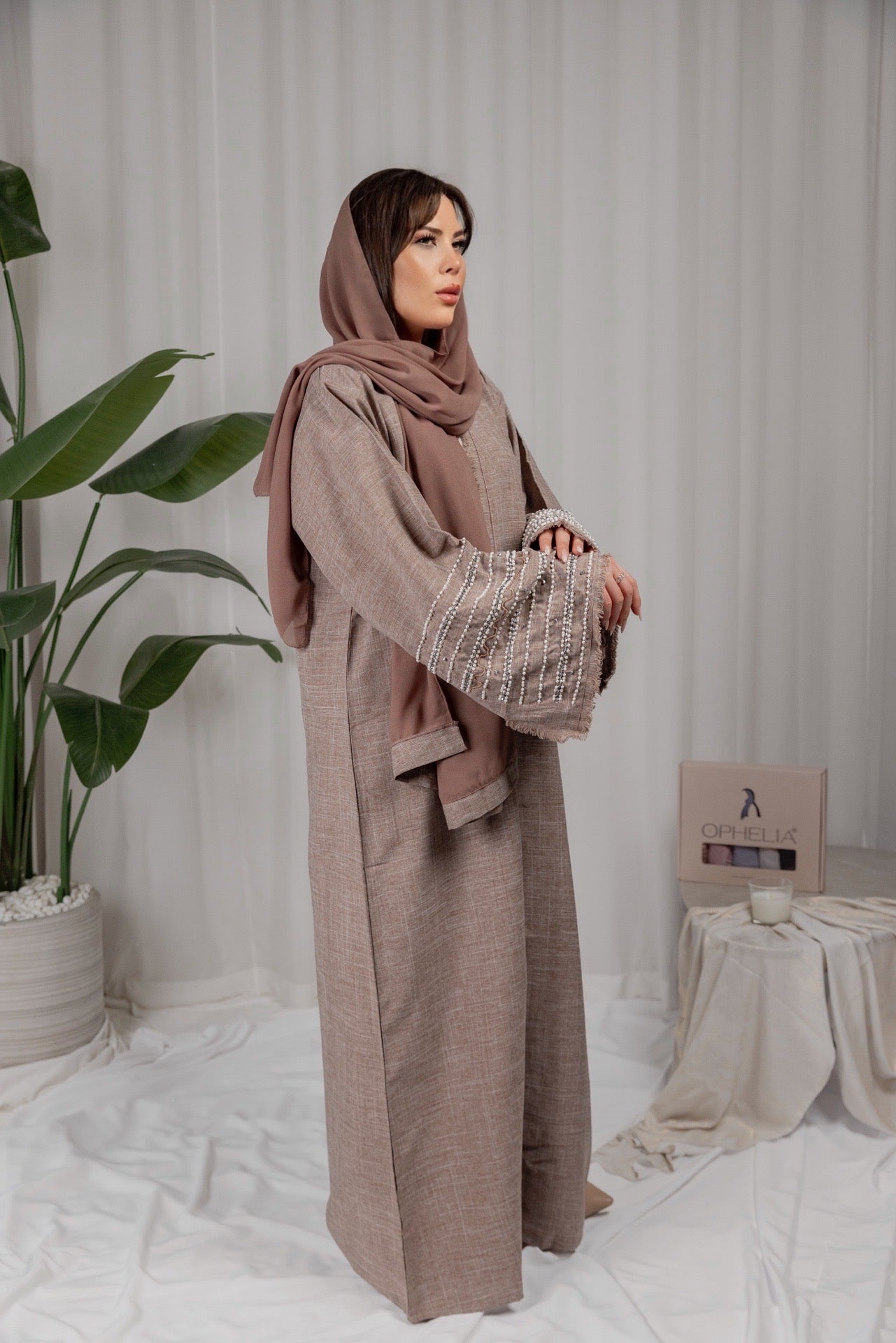 Pearl Linen Abaya - Pink