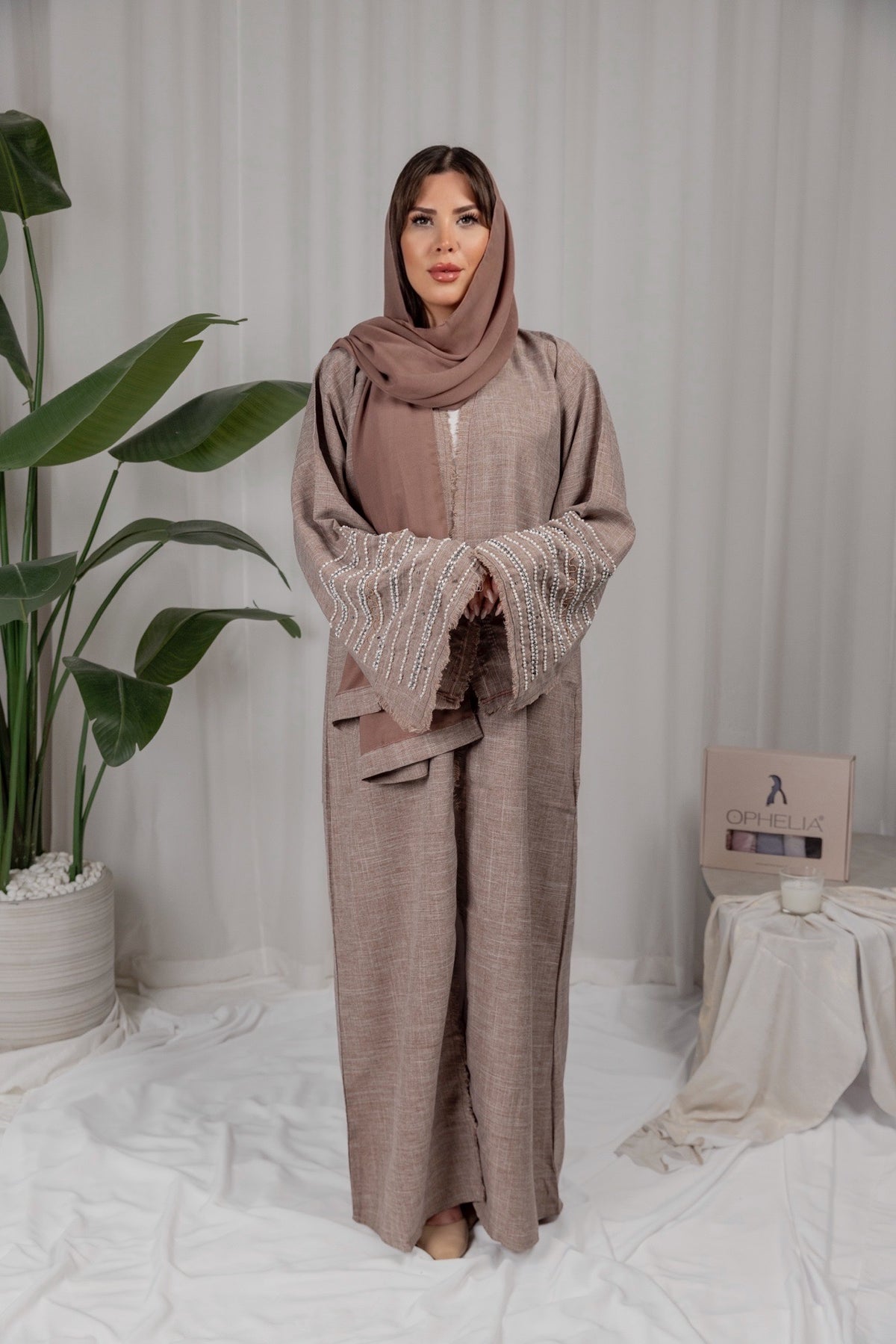 Pearl Linen Abaya - Pink