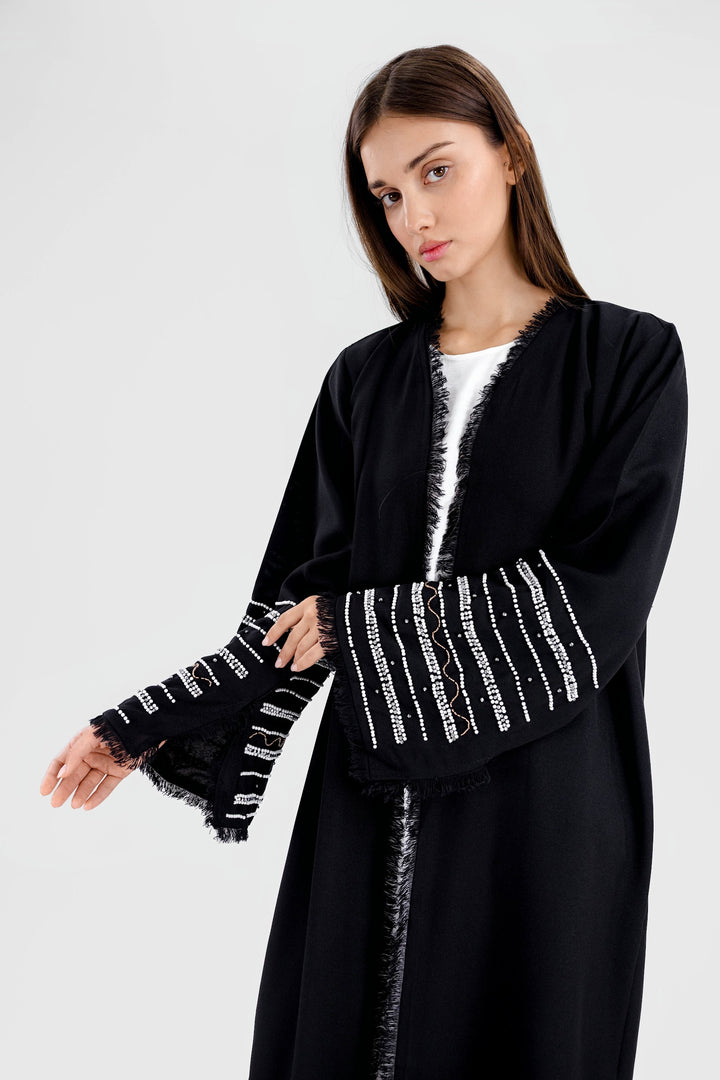 Perlen-Leinen-Abaya - Schwarz