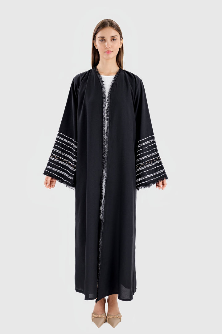 Perlen-Leinen-Abaya - Schwarz