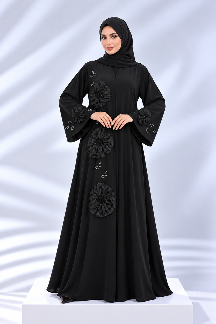 Noir Fleur – Luxury Black Abaya with 3D Floral Appliqué & Beaded Embroidery