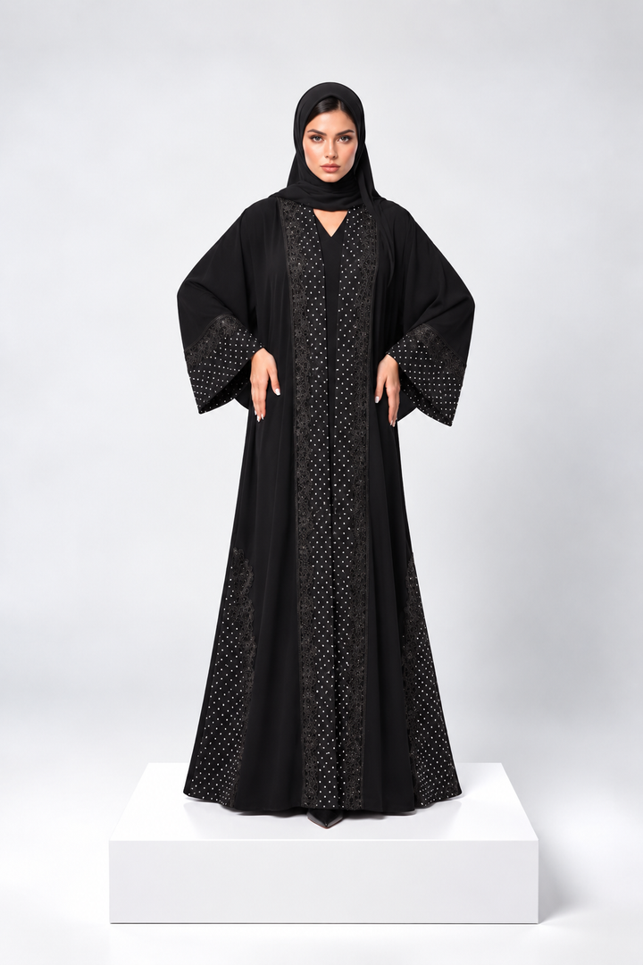 Élodie Noir – Luxury Polka-Dot Lace Abaya